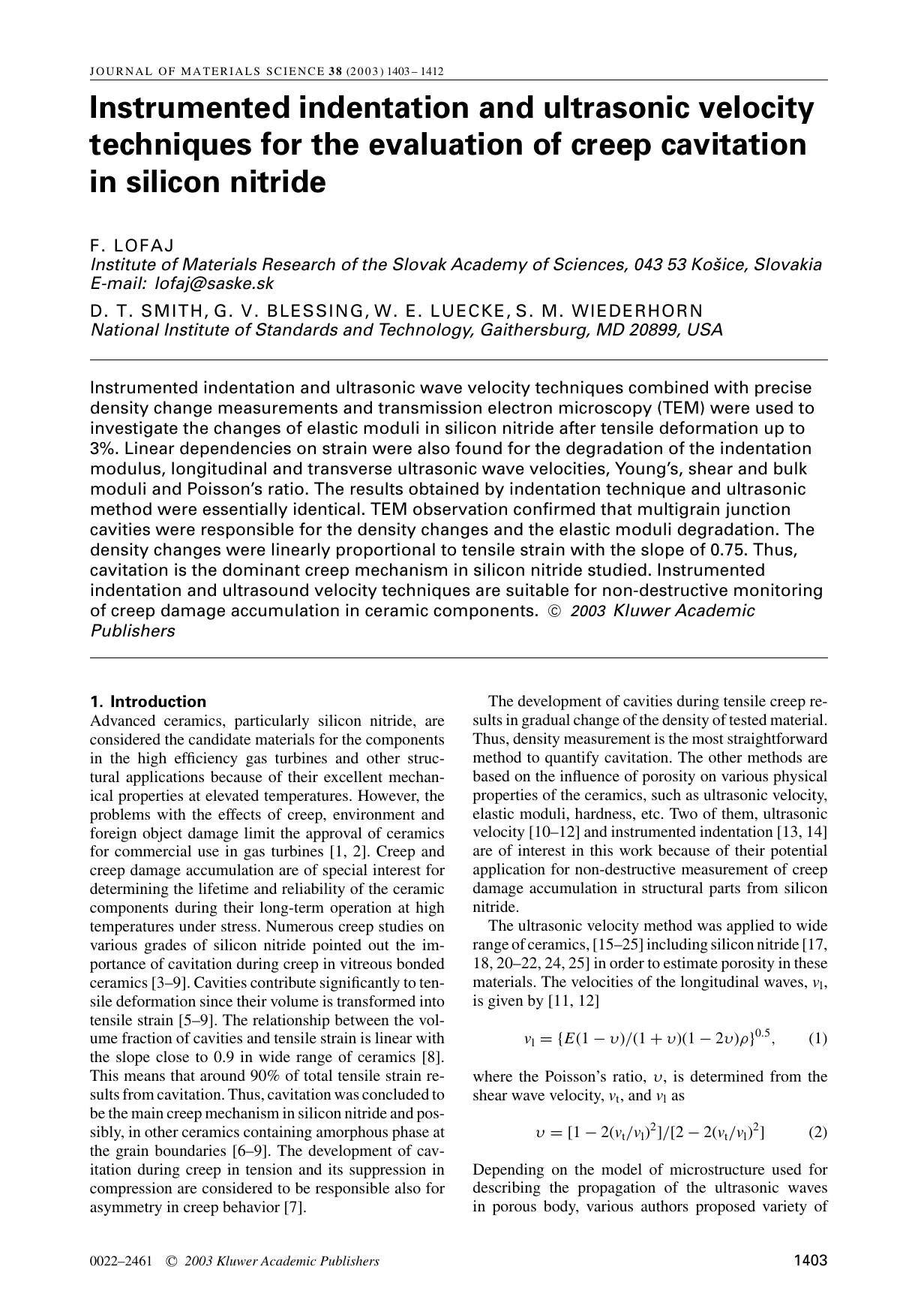 Instrumented indentation and ultrasonic velocity techniques for the evaluation of creep cavitation in silicon nitride by Unknown