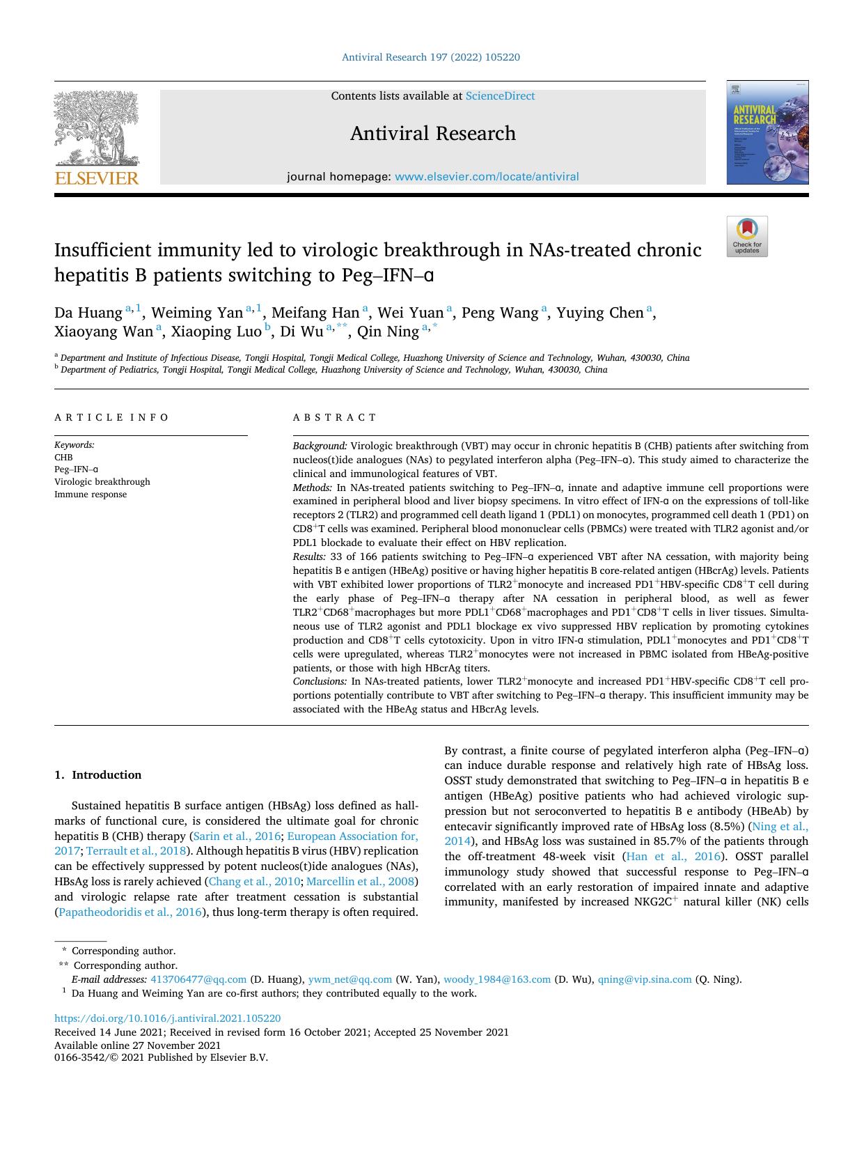Insufficient immunity led to virologic breakthrough in NAs-treated chronic hepatitis B patients switching to PegÃ¢&#x80;&#x93;IFNÃ¢&#x80;&#x93;Ã&#x91; by unknow