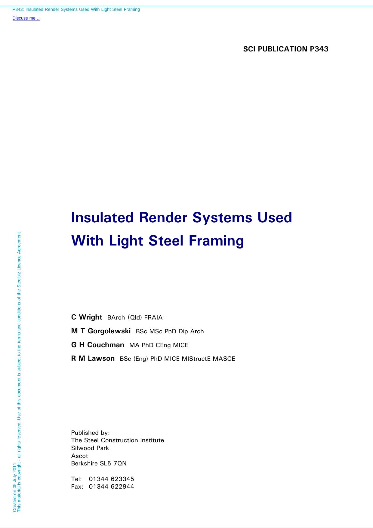 Insulated render systems used with light steel framing by C. et al Wright