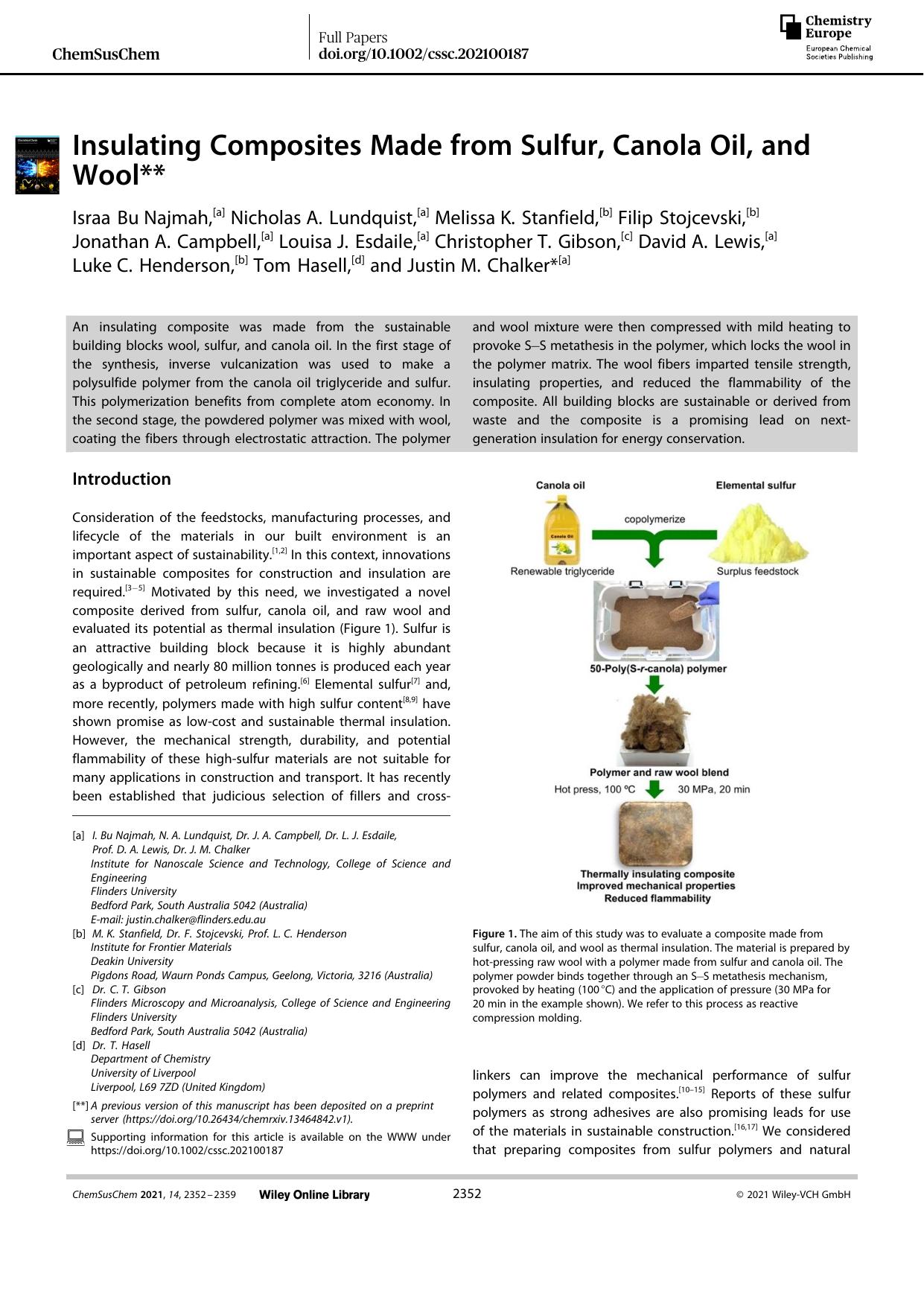 Insulating Composites Made from Sulfur, Canola Oil, and Wool by Unknown