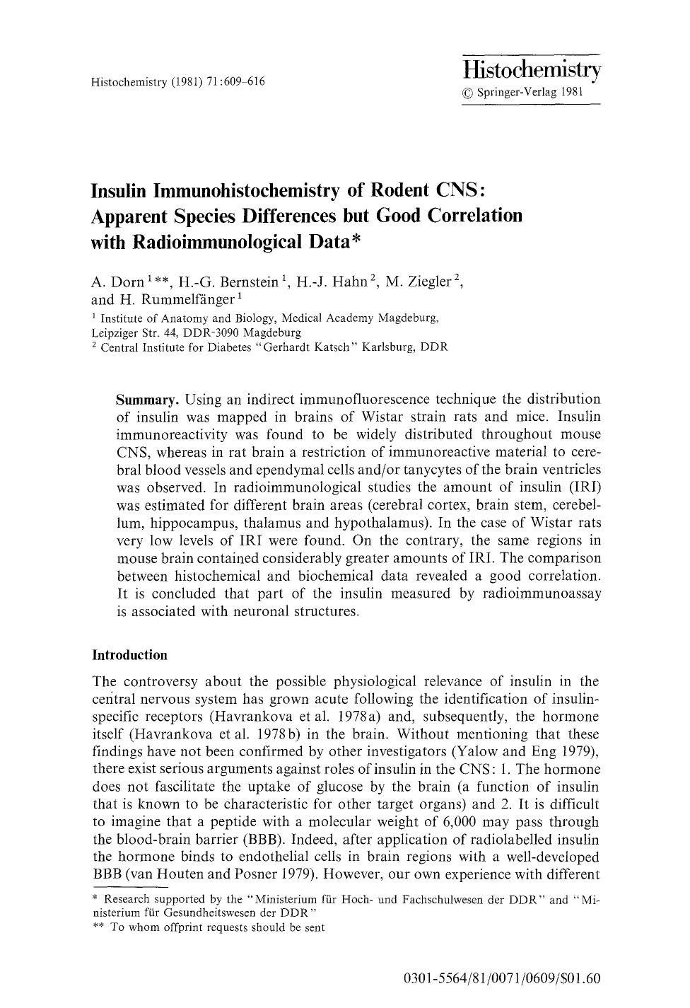 Insulin immunohistochemistry of rodent CNS: Apparent species differences but good correlation with radioimmunological data by Unknown