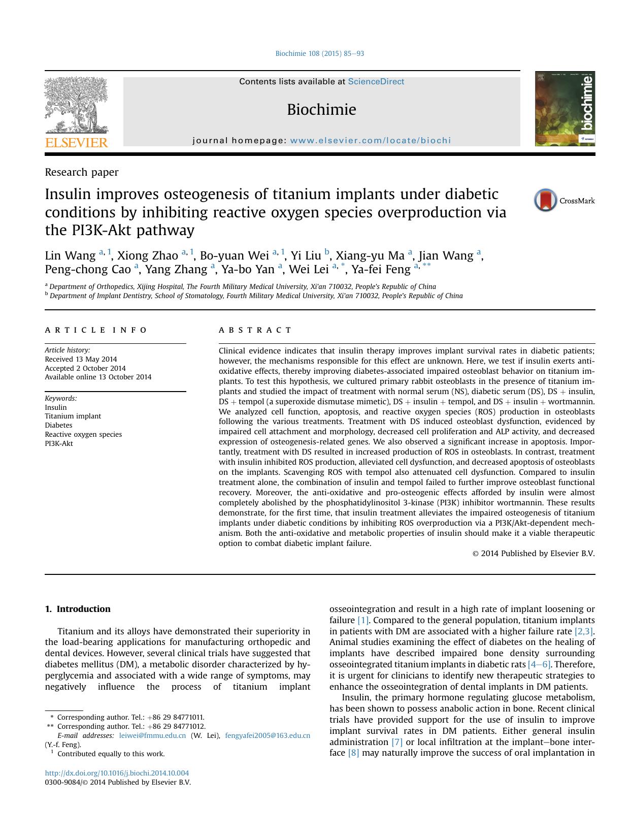 Insulin improves osteogenesis of titanium implants under diabetic conditions by inhibiting reactive oxygen species overproduction via the PI3K-Akt pathway by unknow