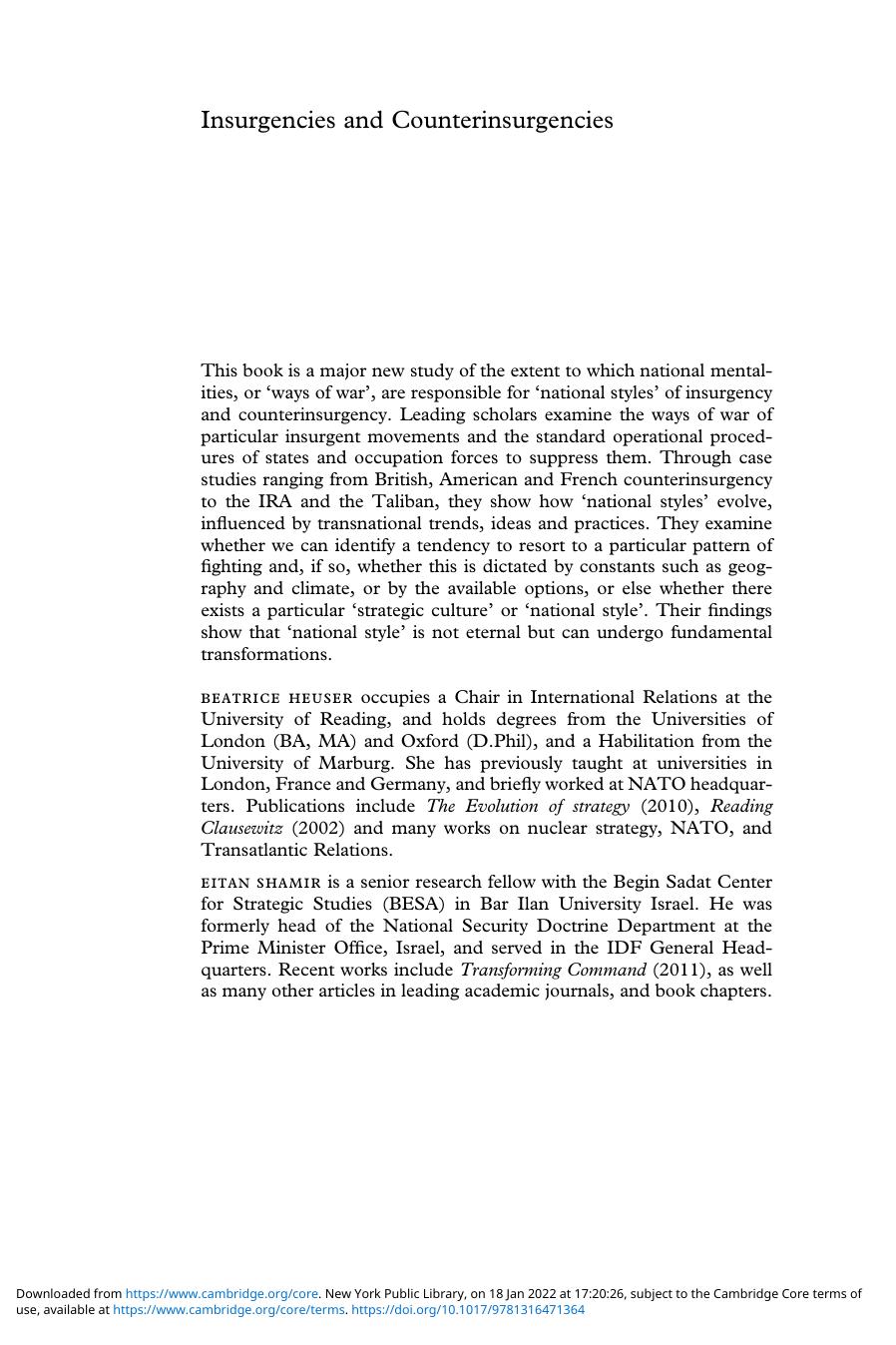 Insurgencies and Counterinsurgencies: National Styles and Strategic Cultures by Beatrice Heuser; Eitan Shamir