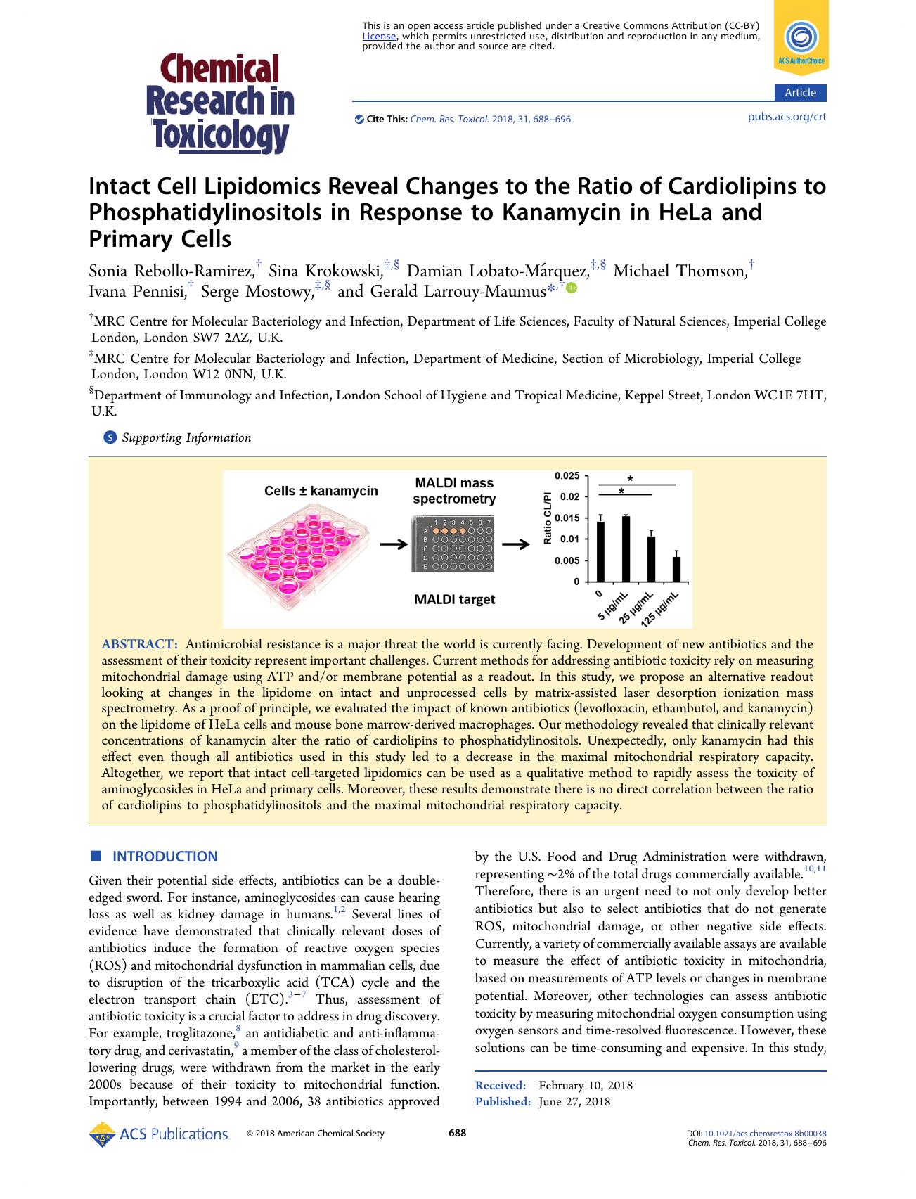Intact Cell Lipidomics Reveal Changes to the Ratio of Cardiolipins to Phosphatidylinositols in Response to Kanamycin in HeLa and Primary Cells by unknow