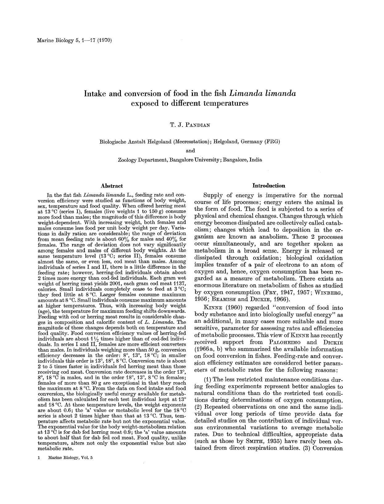 Intake and coversion of food in the fish <Emphasis Type="Italic">Limanda limanda<Emphasis> exposed to different temperatures by Unknown