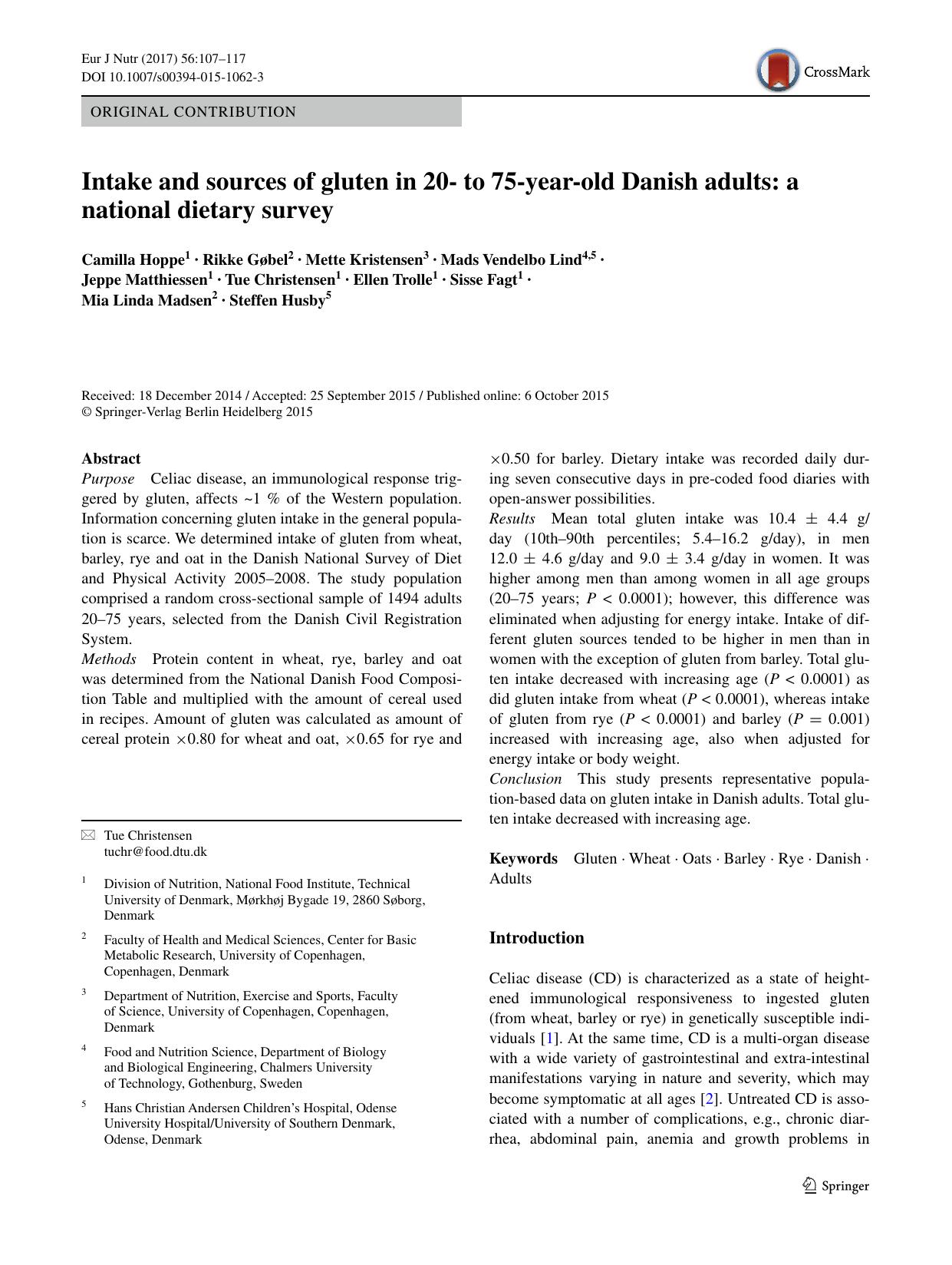 Intake and sources of gluten in 20- to 75-year-old Danish adults: a national dietary survey by unknow