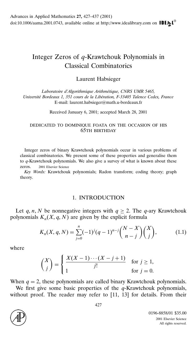 Integer Zeros of q-Krawtchouk Polynomials in Classical Combinatorics by Habsieger L