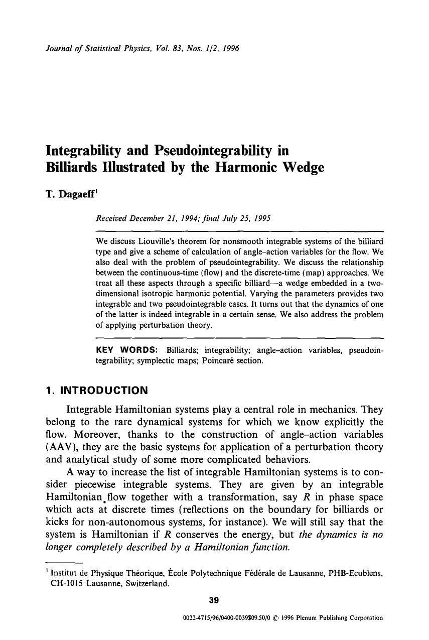 Integrability and pseudointegrability in billiards illustrated by the harmonic wedge by Unknown