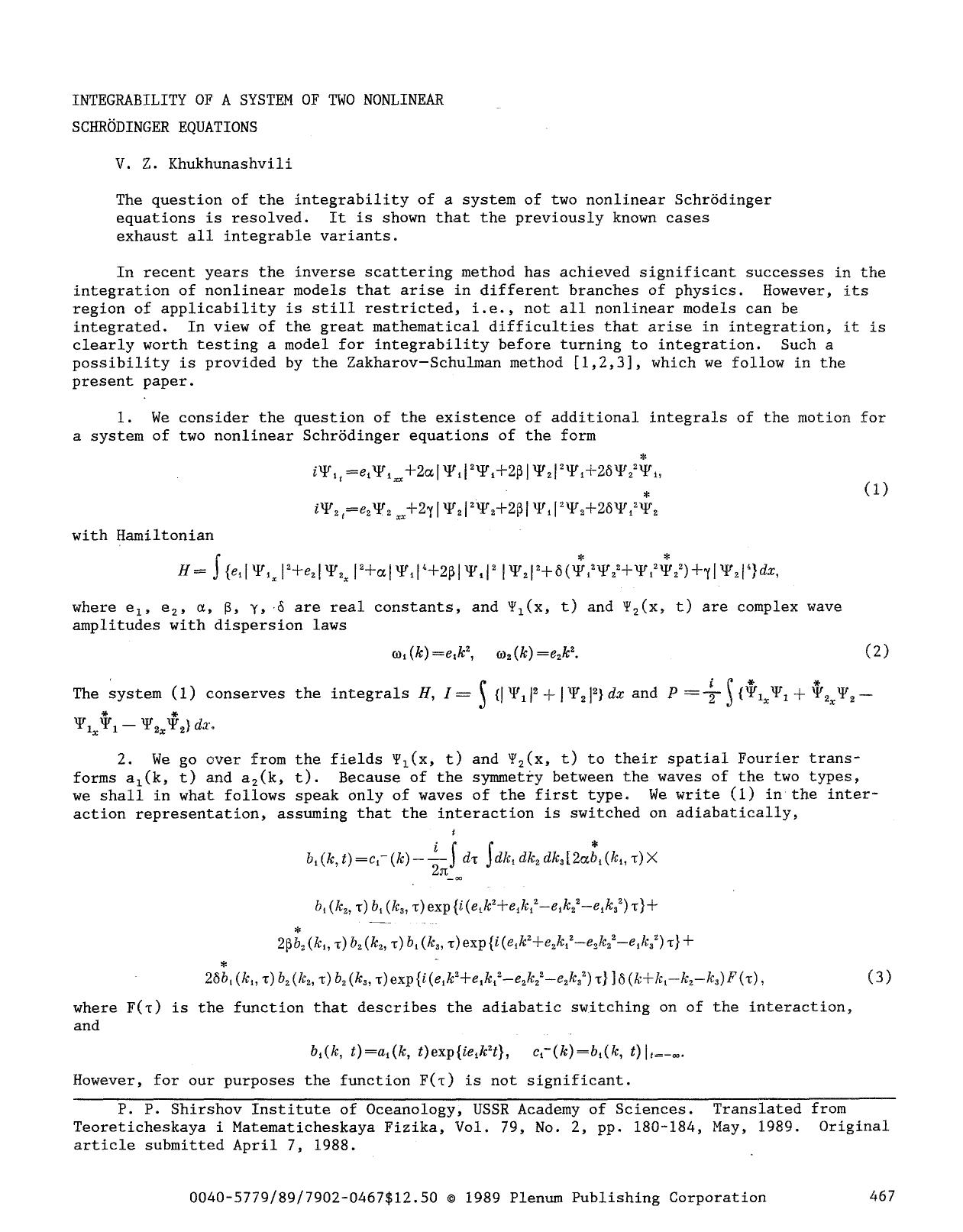 Integrability of a system of two nonlinear Schr&#x00F6;dinger equations by Unknown