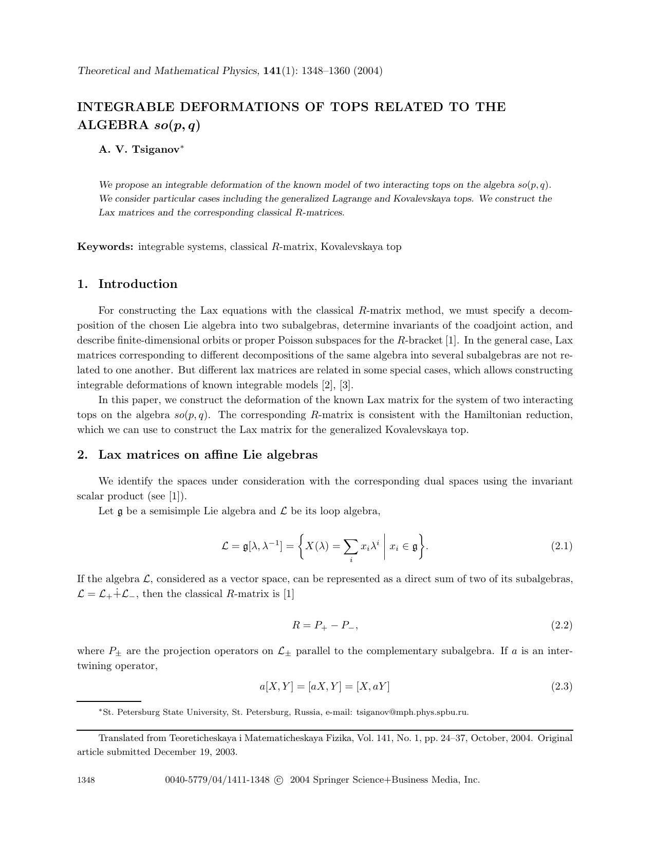 Integrable Deformations of Tops Related to the Algebra <Emphasis Type="Italic">so<Emphasis>(<Emphasis Type="Italic">p<Emphasis>,<Emphasis Type="Italic">q<Emphasis>) by Unknown