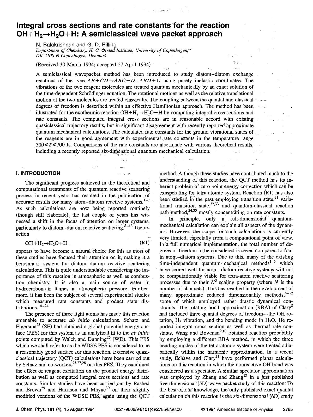 Integral cross sections and rate constants for the reaction OH+H2 H2O+H: A semiclassical wave packet approach by N. Balakrishnan; G. D. Billing