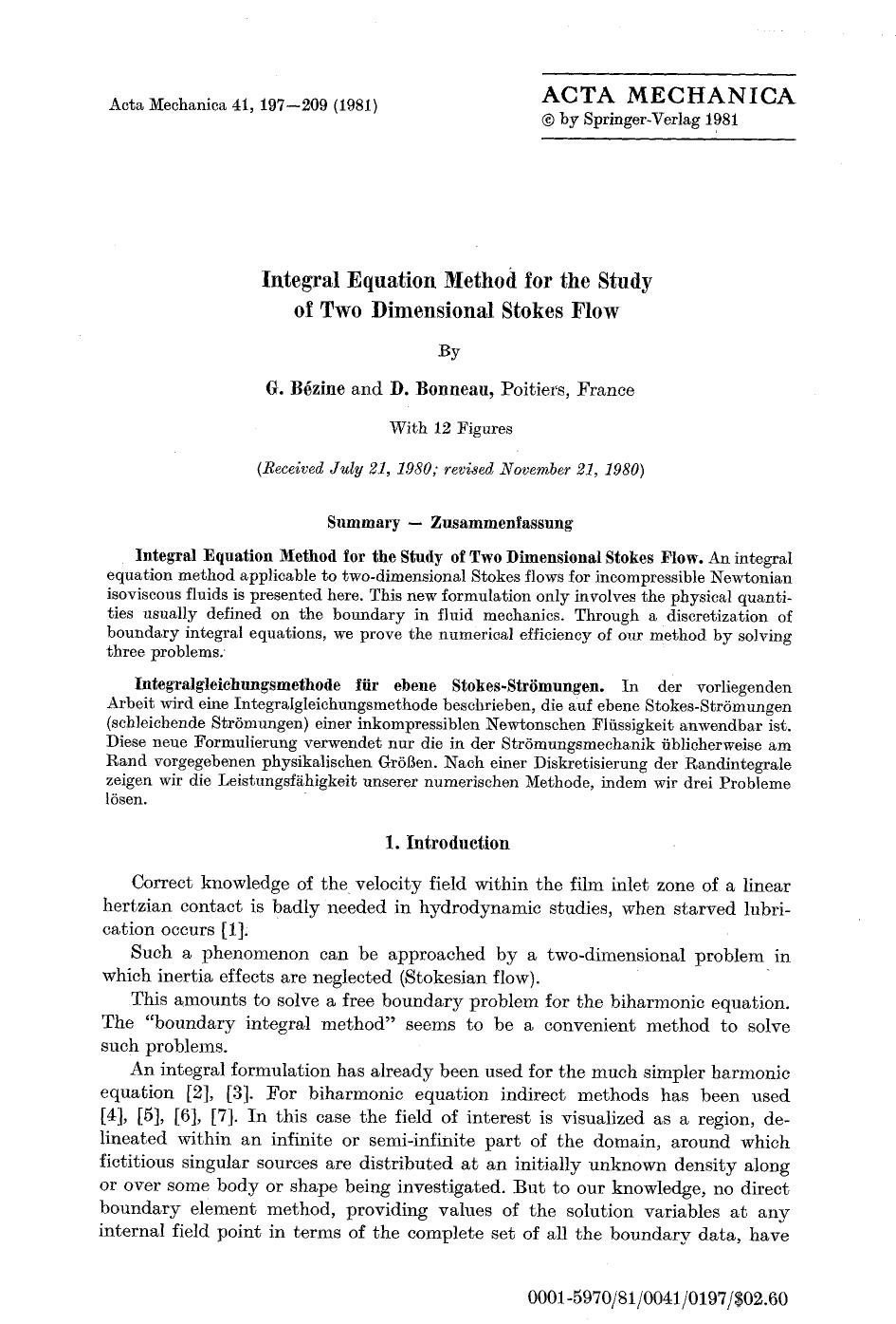 Integral equation method for the study of two dimensional stokes flow by Unknown