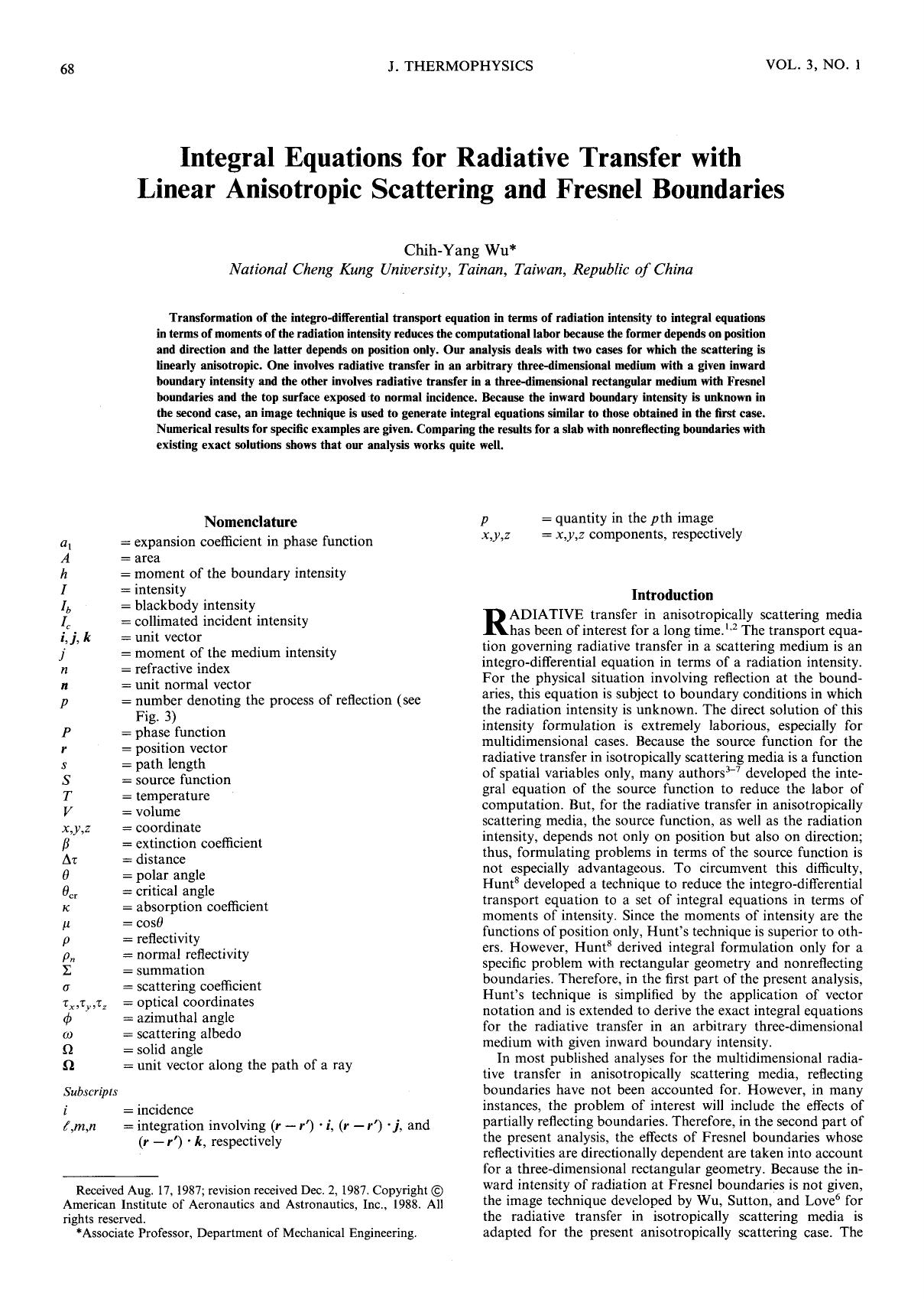 Integral equations for radiative transfer with linear anisotropic scattering and fresnel boundaries by Unknown