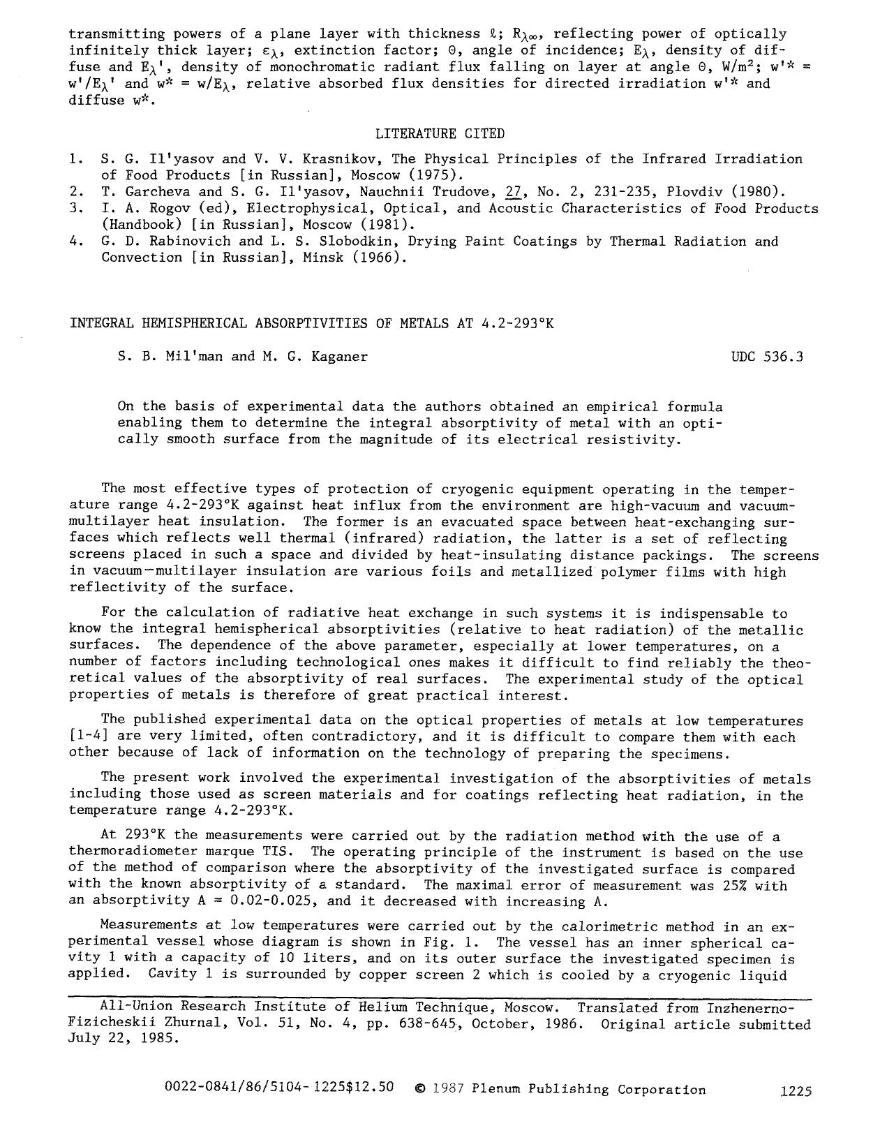 Integral hemispherical absorptivities of metals at 4.2–293°K by Unknown