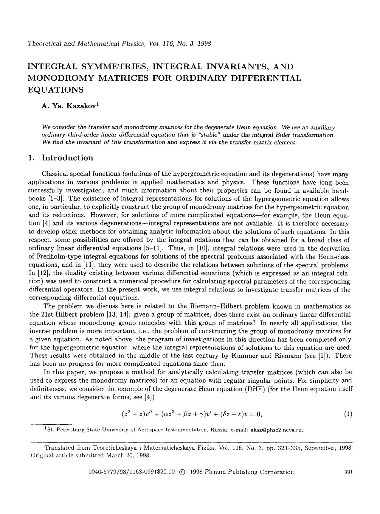 Integral symmetries, integral invariants, and monodromy matrices for ordinary differential equations by Unknown