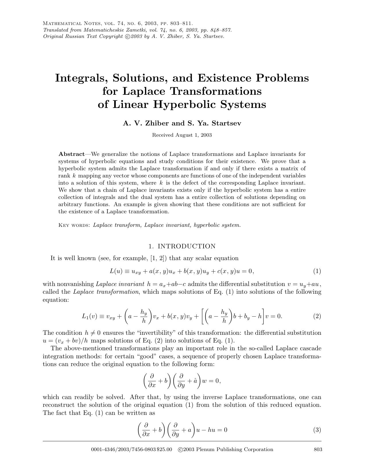 Integrals, Solutions, and Existence Problems for Laplace Transformations of Linear Hyperbolic Systems by Unknown