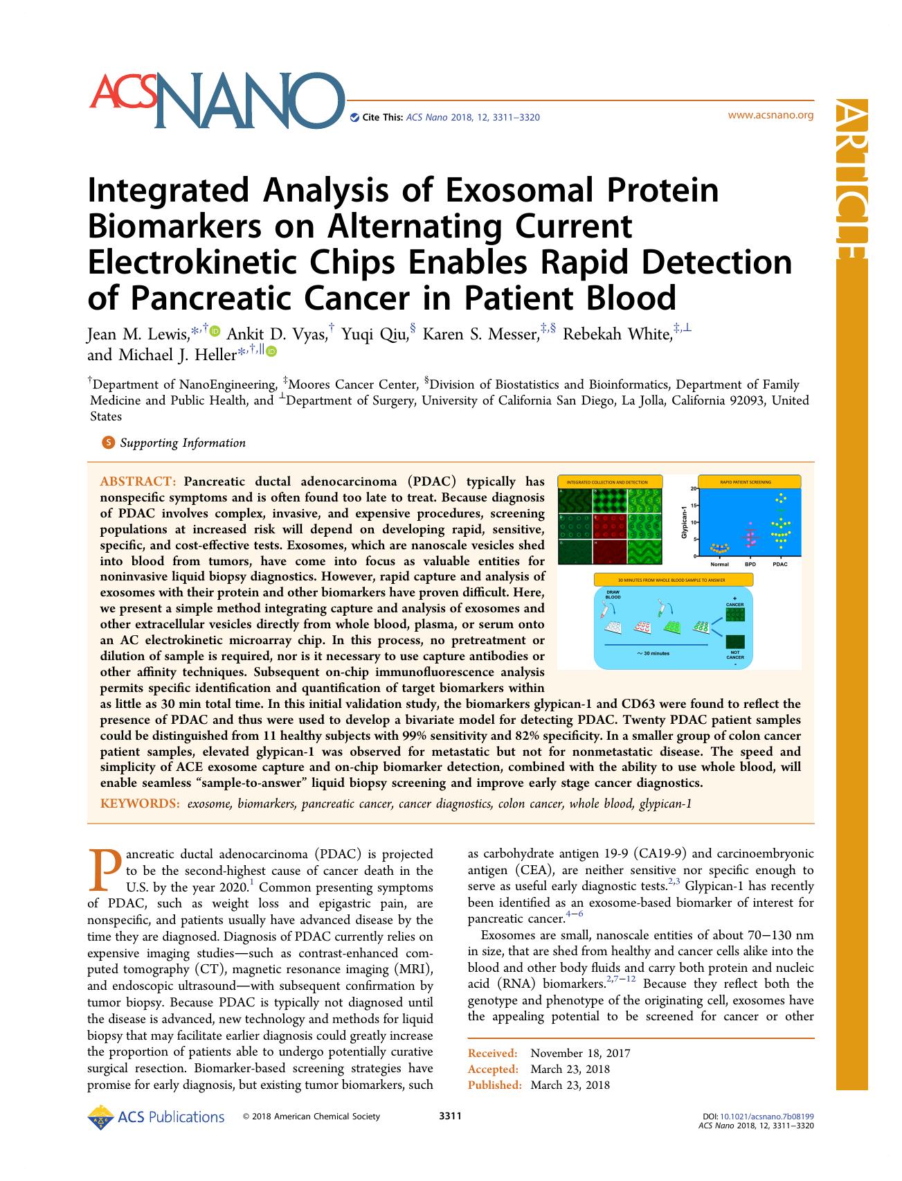 Integrated Analysis of Exosomal Protein Biomarkers on Alternating Current Electrokinetic Chips Enables Rapid Detection of Pancreatic Cancer in Patient Blood by Jean M. Lewis Ankit D. Vyas Yuqi Qiu Karen S. Messer Rebekah White and Michael J. Heller