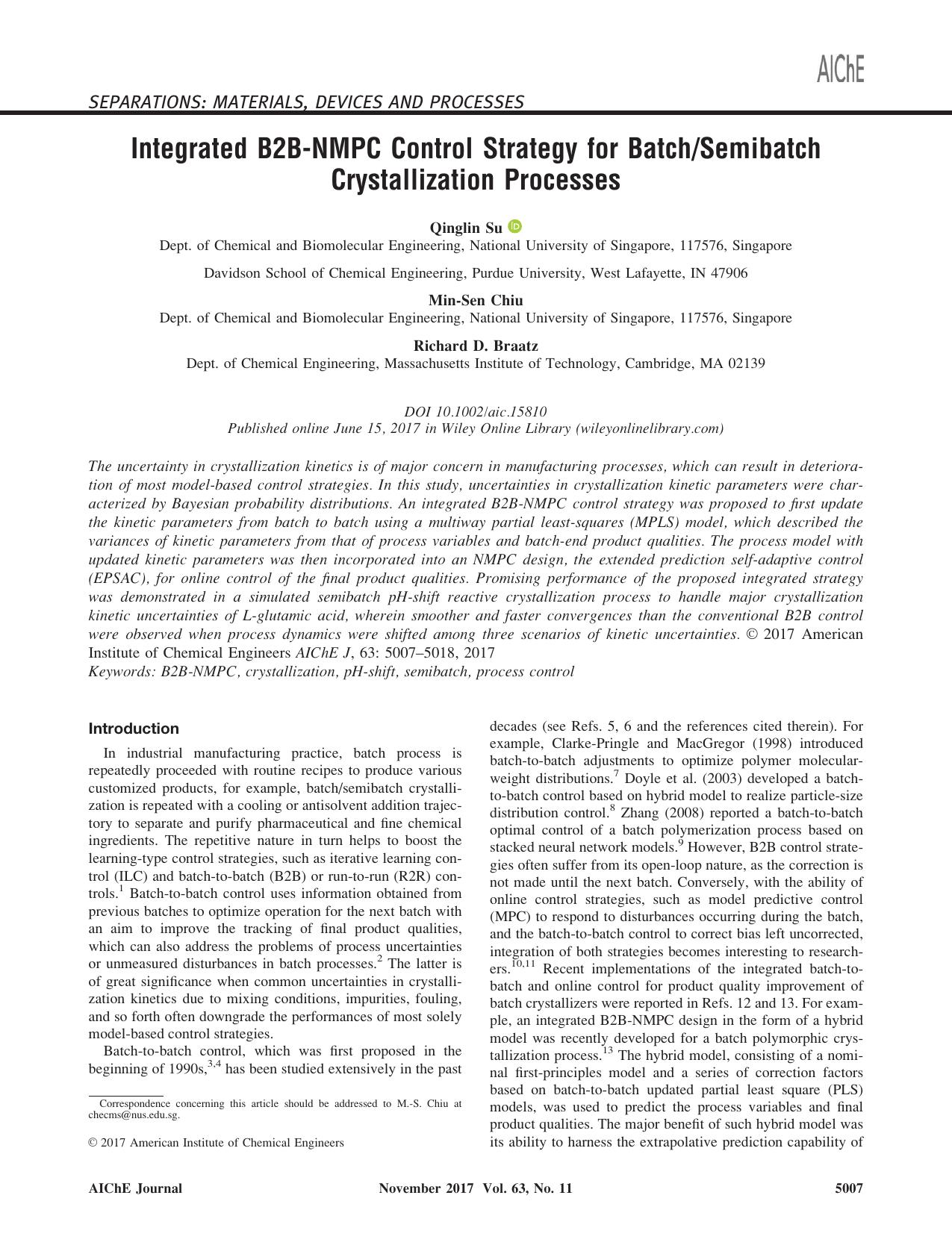 Integrated B2B&#8208;NMPC Control Strategy for BatchSemibatch Crystallization Processes by Unknown