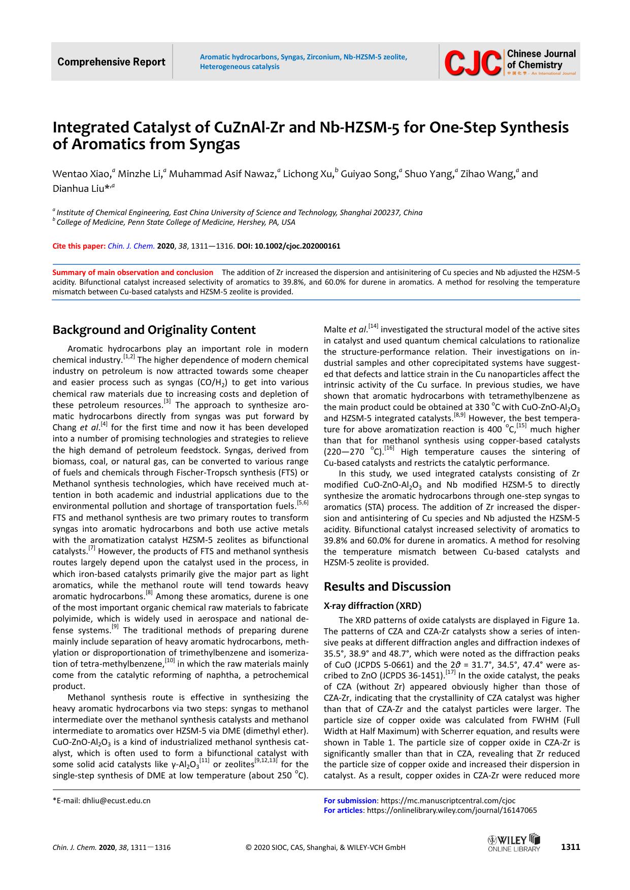 Integrated Catalyst of CuZnAl-Zr and Nb-HZSM-5 for One-Step Synthesis of Aromatics from Syngas by USER