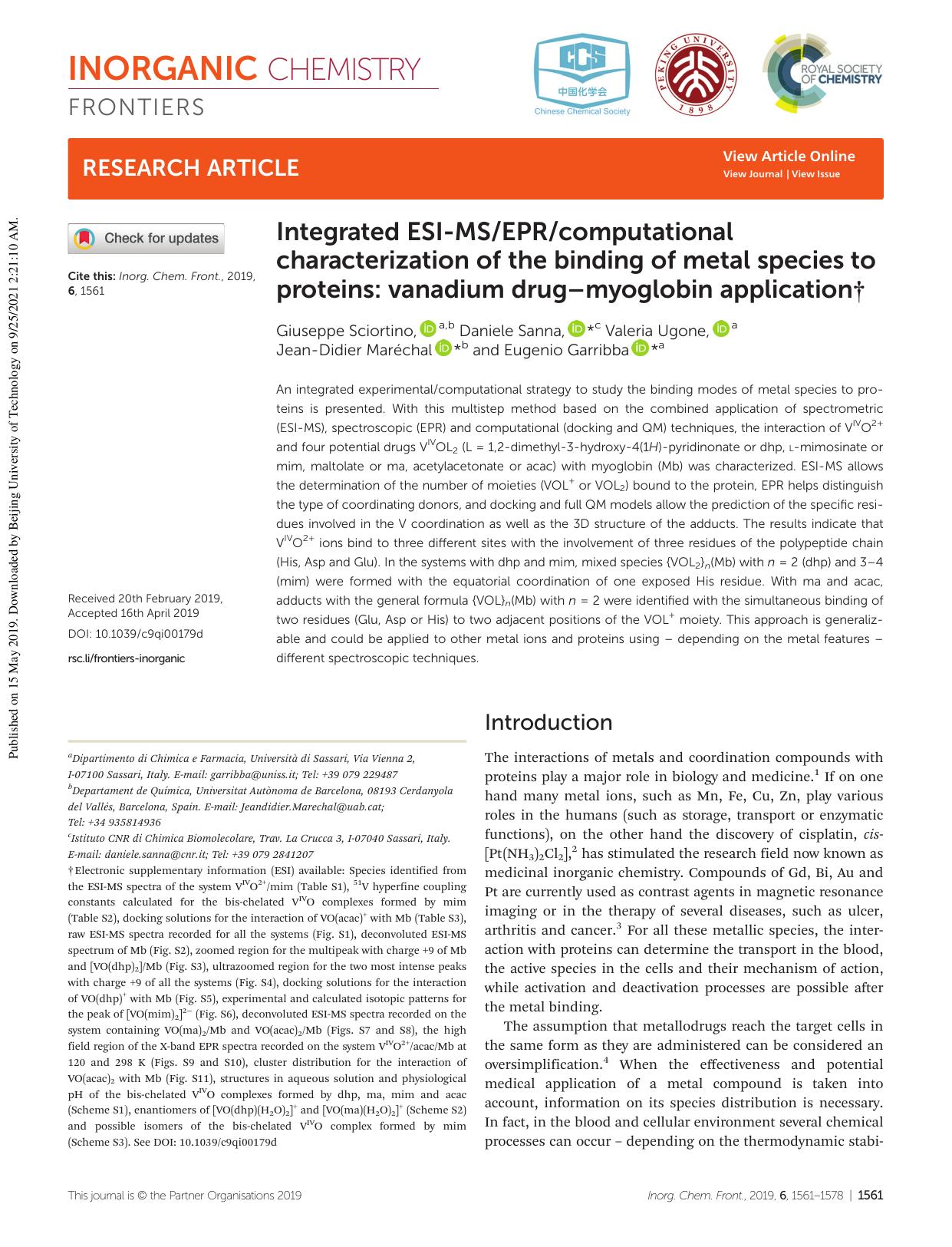 Integrated ESI-MSEPRcomputational characterization of the binding of metal species to proteins: vanadium drugâmyoglobin application by Giuseppe Sciortino Daniele Sanna Valeria Ugone Jean-Didier Maréchal Eugenio Garribba