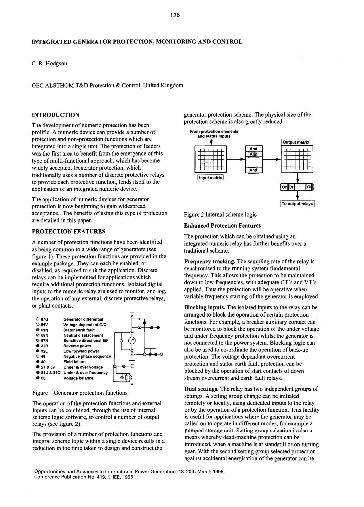 Integrated Generator Protection, Monitoring and Control - Opportunities and Advances in International Electric Power Generation, International Conference on by IEEE