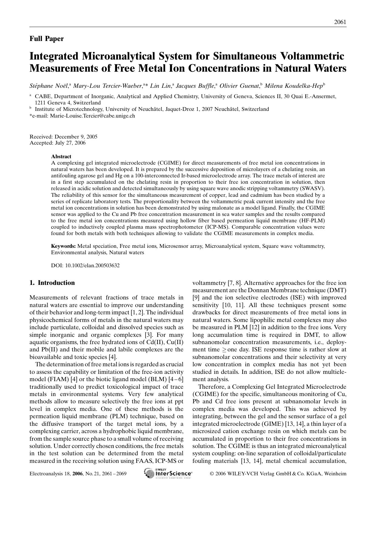 Integrated Microanalytical System for Simultaneous Voltammetric Measurements of Free Metal Ion Concentrations in Natural Waters by Unknown