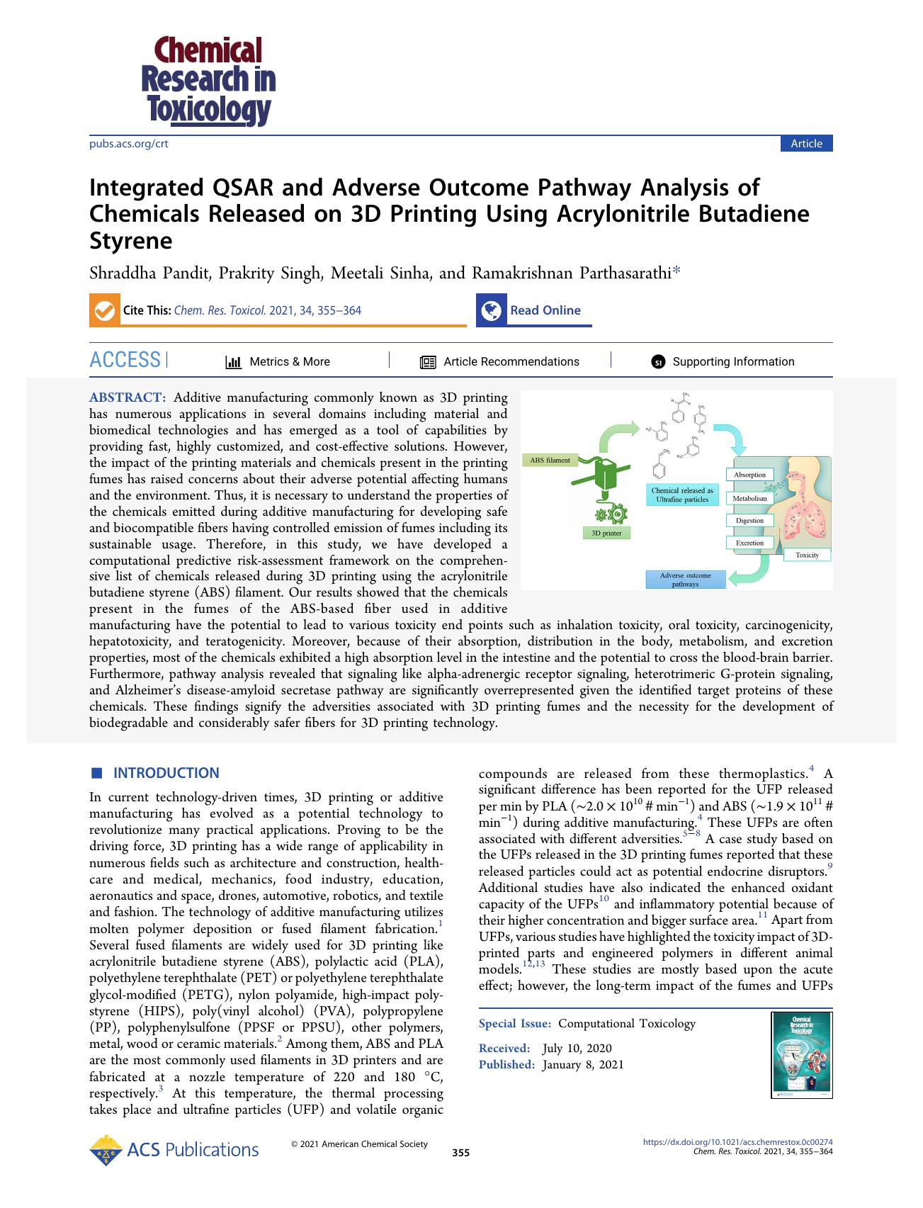 Integrated QSAR and Adverse Outcome Pathway Analysis of Chemicals Released on 3D Printing Using Acrylonitrile Butadiene Styrene by Shraddha Pandit Prakrity Singh Meetali Sinha and Ramakrishnan Parthasarathi