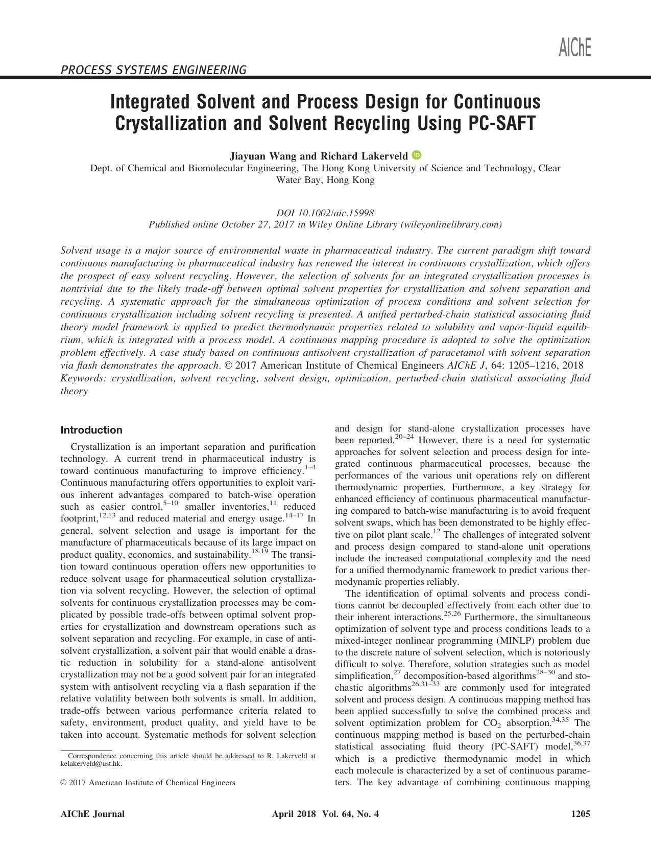 Integrated Solvent and Process Design for Continuous Crystallization and Solvent Recycling Using PC&#8208;SAFT by Unknown