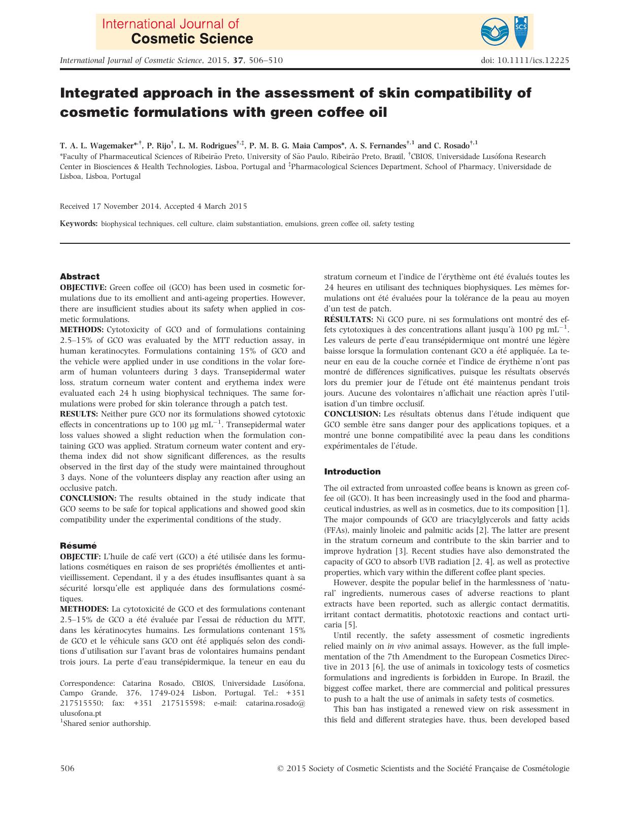 Integrated approach in the assessment of skin compatibility of cosmetic formulations with green coffee oil by Unknown