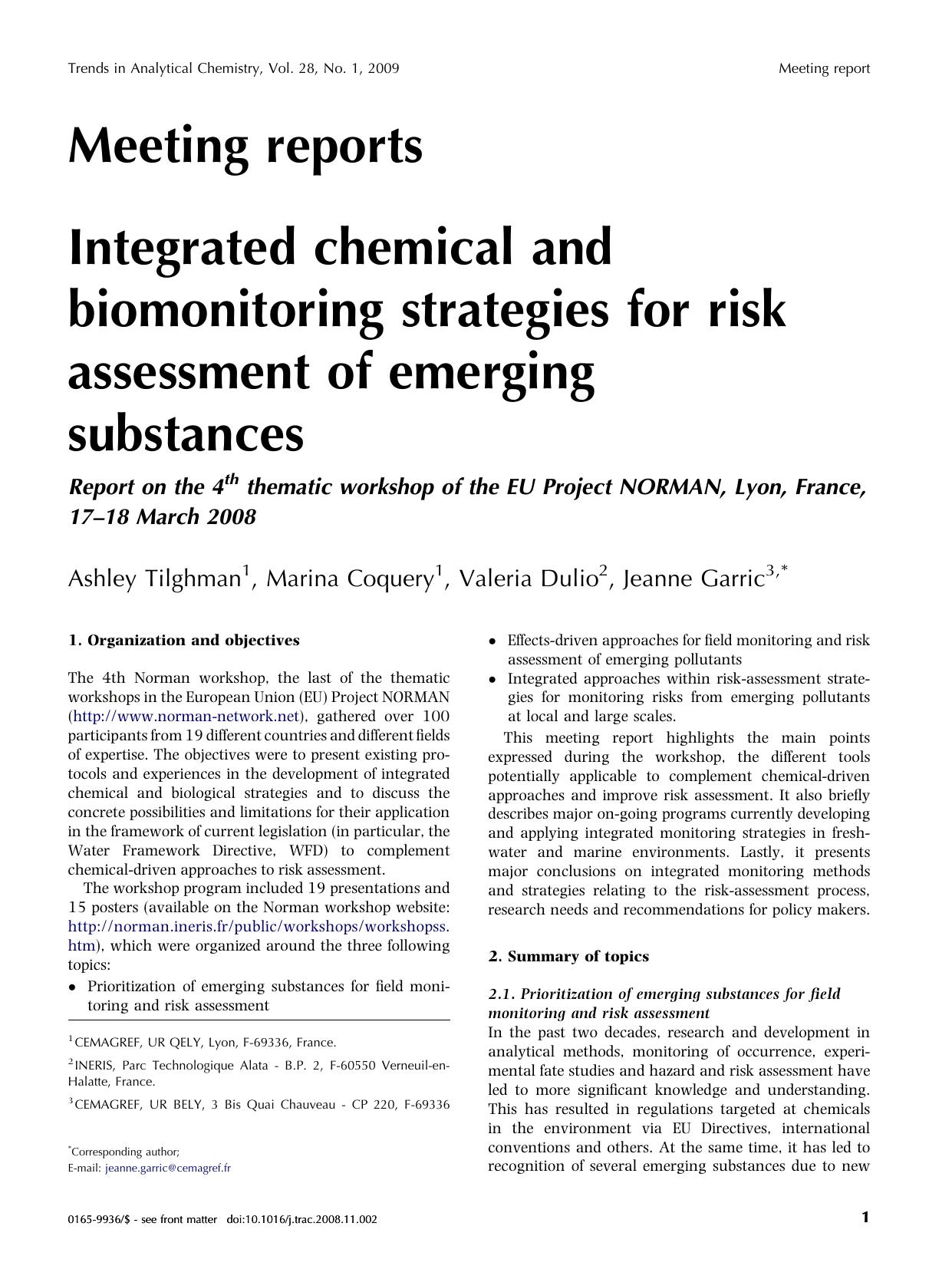 Integrated chemical and biomonitoring strategies for risk assessment of emerging substances by Ashley Tilghman; Marina Coquery; Valeria Dulio; Jeanne Garric