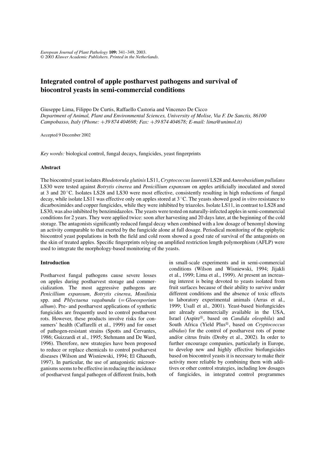 Integrated control of apple postharvest pathogens and survival of biocontrol yeasts in semi-commercial conditions by Unknown