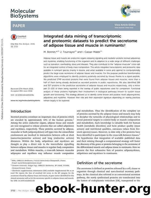 Integrated data mining of transcriptomic and proteomic datasets to predict the secretome of adipose tissue and muscle in ruminants by M. Bonnet & J. Tournayre & I. Cassar-Malek