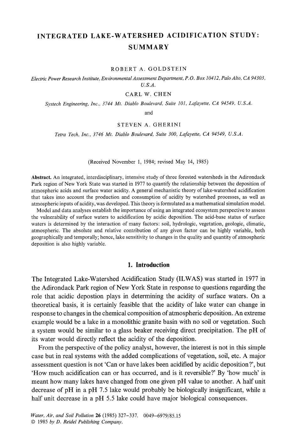 Integrated lake-watershed acidification study: Summary by Unknown