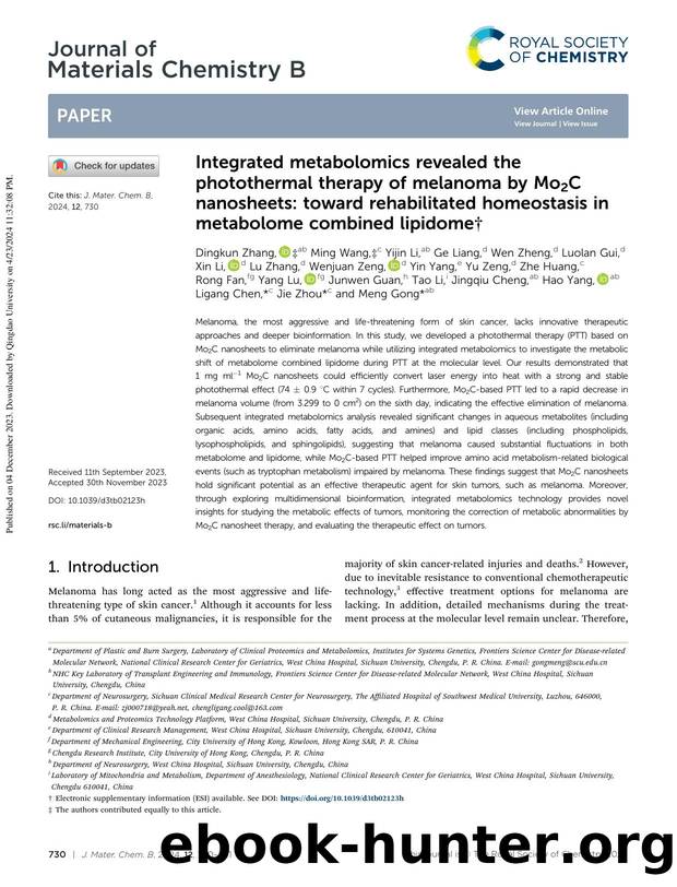 Integrated metabolomics revealed the photothermal therapy of melanoma by Mo2C nanosheets: toward rehabilitated homeostasis in metabolome combined lipidome by unknow