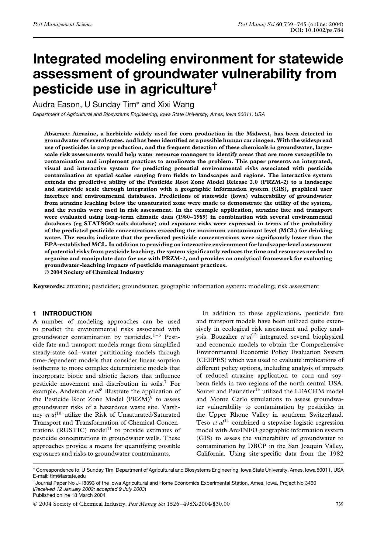Integrated modeling environment for statewide assessment of groundwater vulnerability from pesticide use in agriculture by Unknown