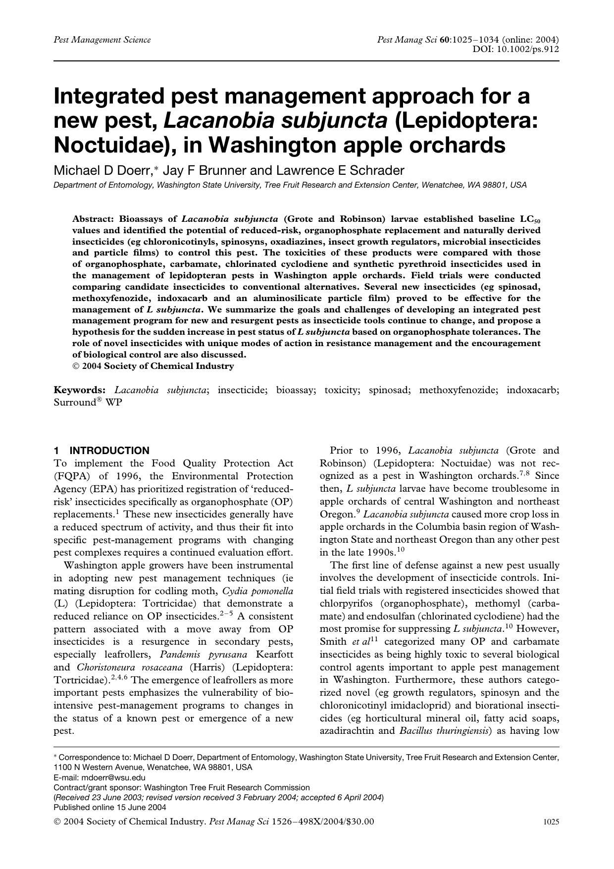 Integrated pest management approach for a new pest, Lacanobia subjuncta (Lepidoptera: Noctuidae), in Washington apple orchards by Unknown