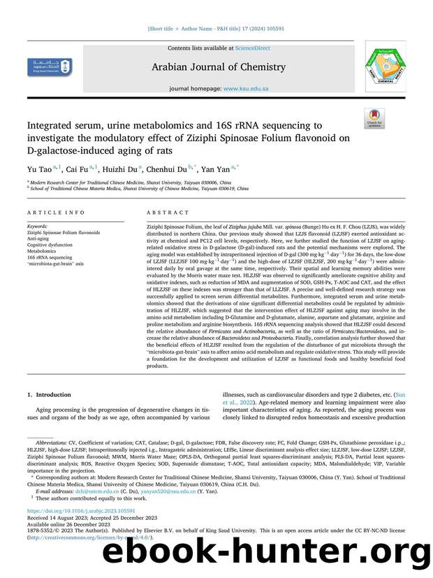Integrated serum, urine metabolomics and 16S rRNA sequencing to investigate the modulatory effect of Ziziphi Spinosae Folium flavonoid on D-galactose-induced aging of rats by Yu Tao
