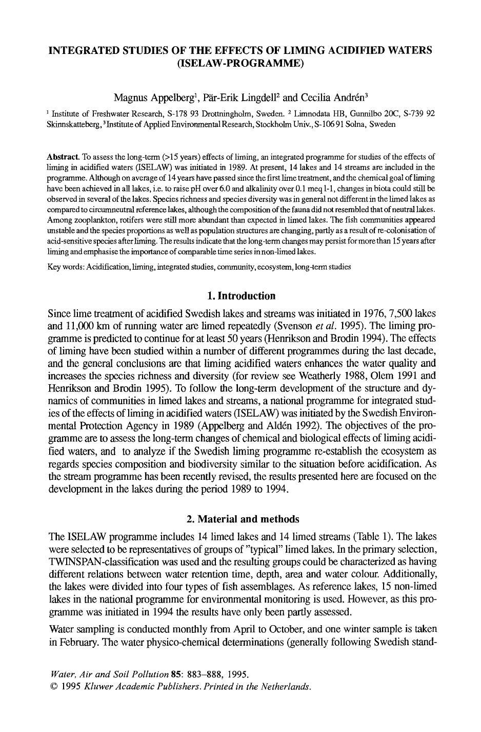 Integrated studies of the effects of liming acidified waters (ISELAW-programme) by Unknown