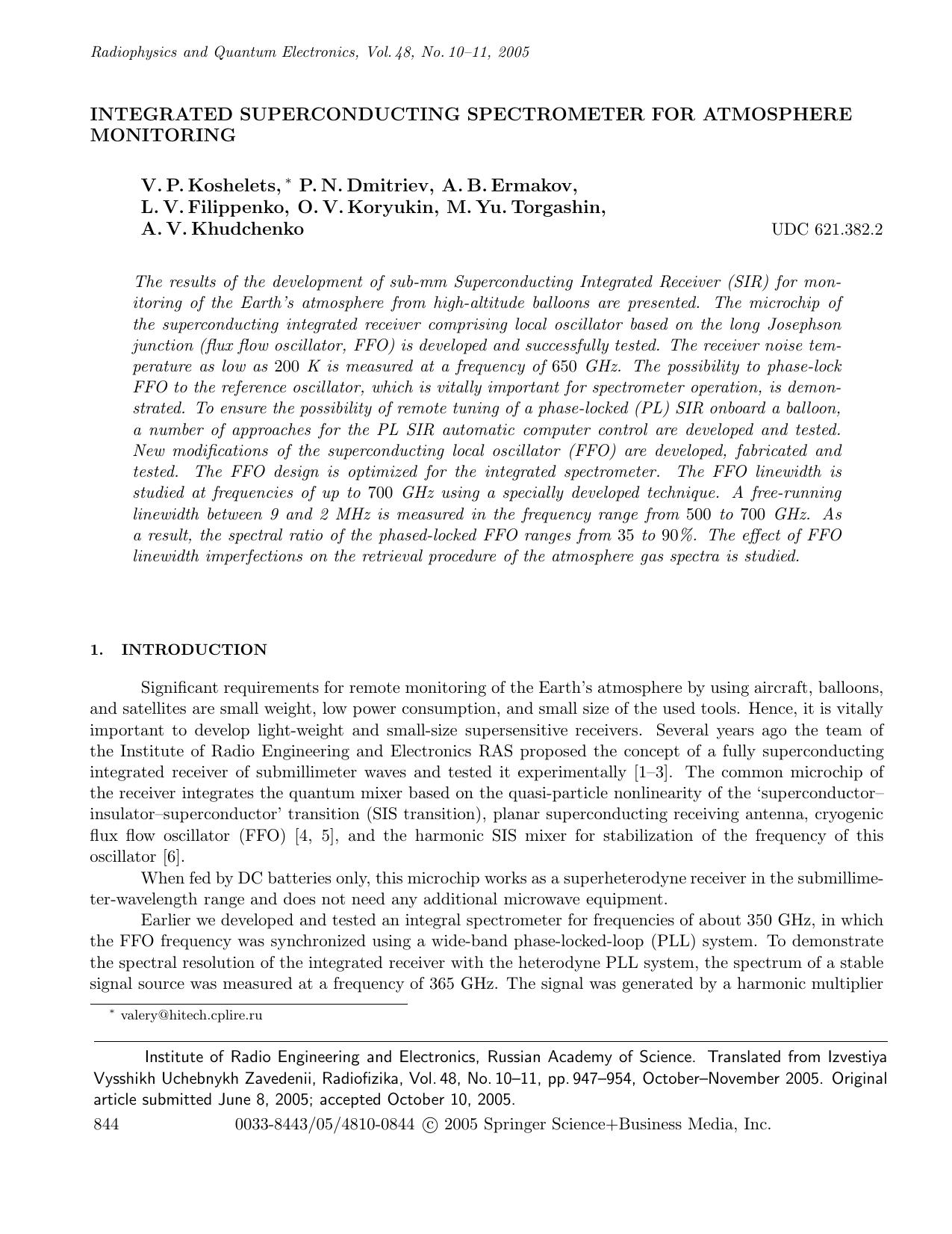 Integrated superconducting spectrometer for atmosphere monitoring by Unknown