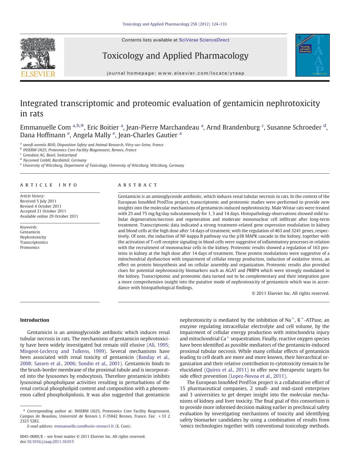 Integrated transcriptomic and proteomic evaluation of gentamicin nephrotoxicity in rats by unknow