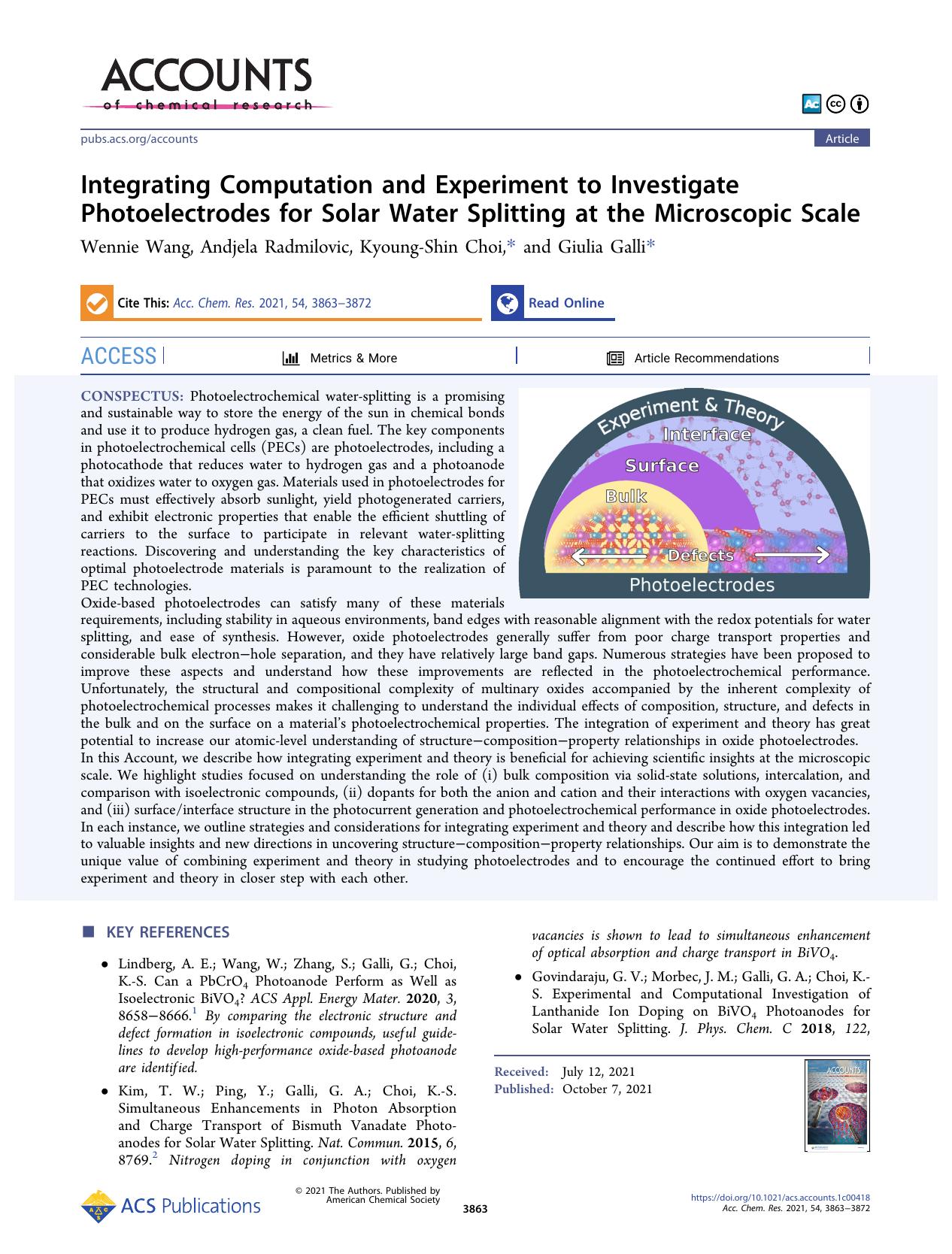 Integrating Computation and Experiment to Investigate Photoelectrodes for Solar Water Splitting at the Microscopic Scale by Wennie Wang Andjela Radmilovic Kyoung-Shin Choi and Giulia Galli