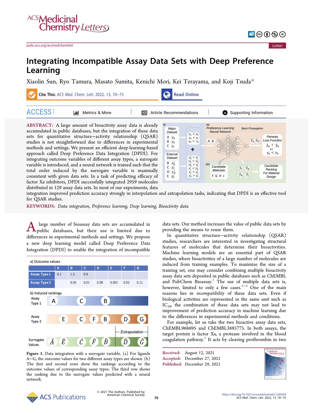 Integrating Incompatible Assay Data Sets with Deep Preference Learning by Xiaolin Sun Ryo Tamura Masato Sumita Kenichi Mori Kei Terayama and Koji Tsuda