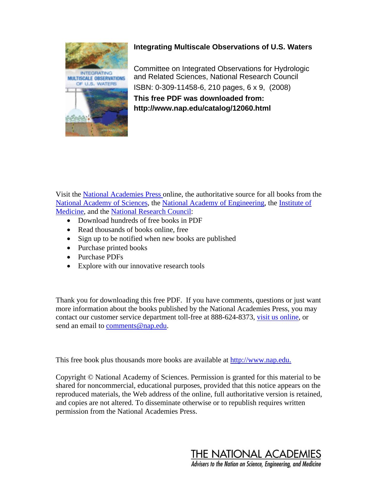 Integrating Multiscale Observations of U.S. Waters by Committee on Integrated Observations for Hydrologic and Related Sciences National Research Council