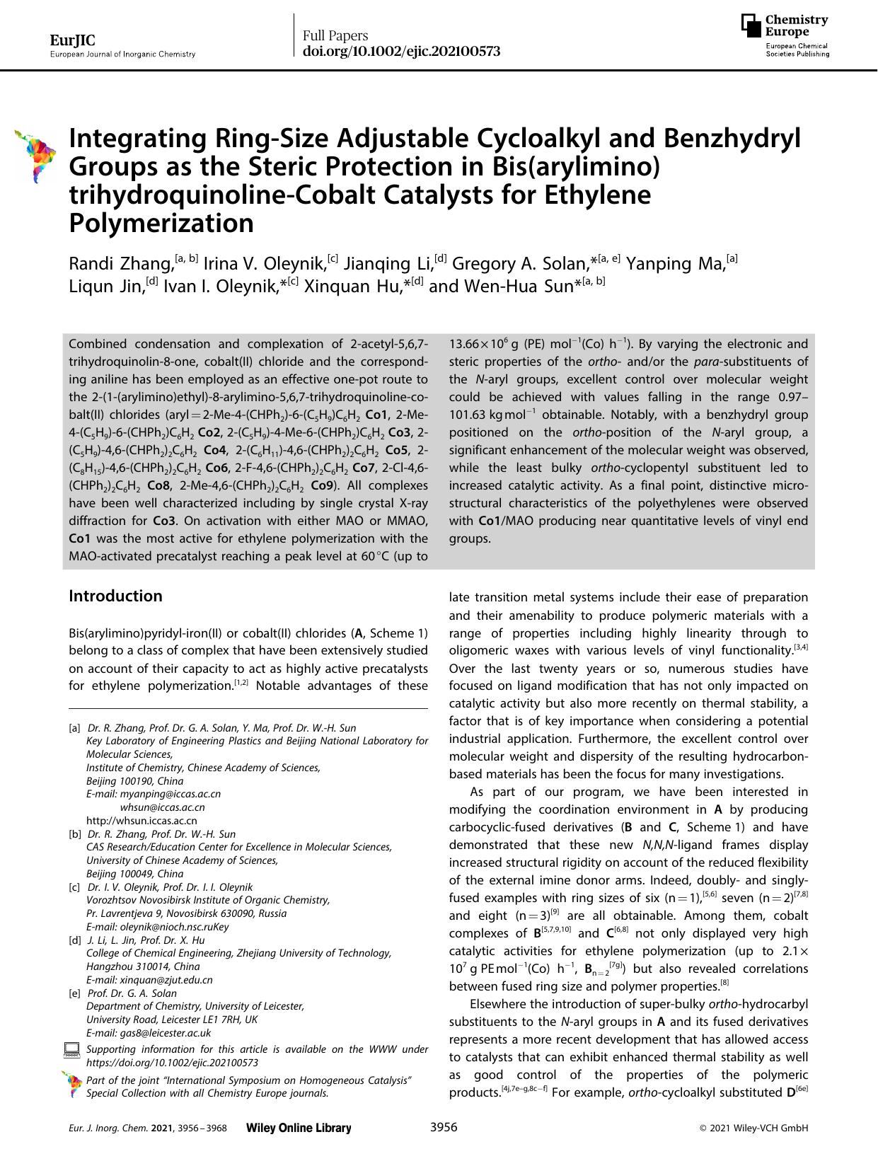 Integrating RingâSize Adjustable Cycloalkyl and Benzhydryl Groups as the Steric Protection in Bis(arylimino)trihydroquinolineâCobalt Catalysts for Ethylene Polymerization by Unknown