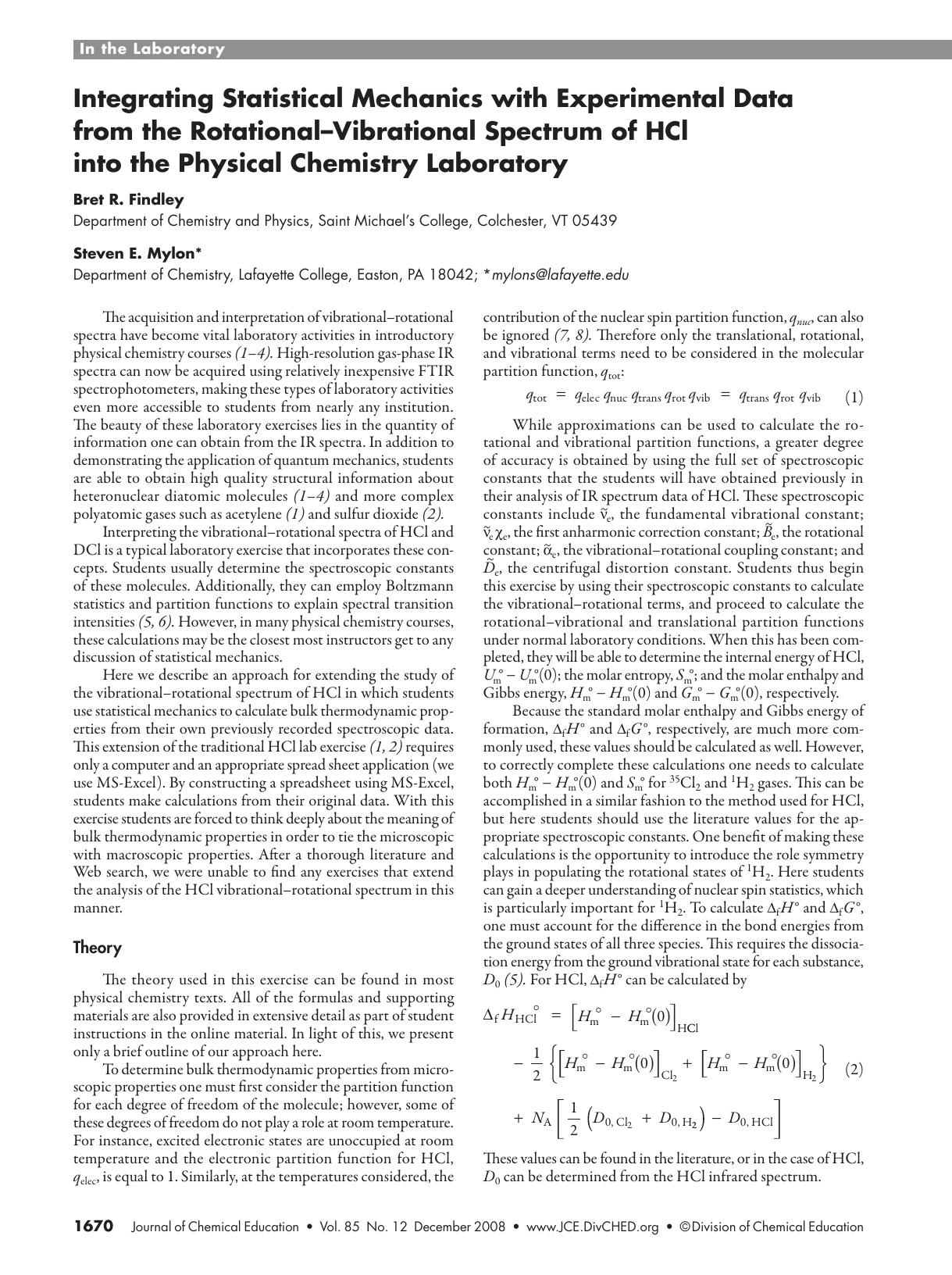 Integrating Statistical Mechanics with Experimental Data from the RotationalÃVibrational Spectrum of HCl into the Physical Chemistry Laboratory by Bret R. Findley and Steven E. Mylon
