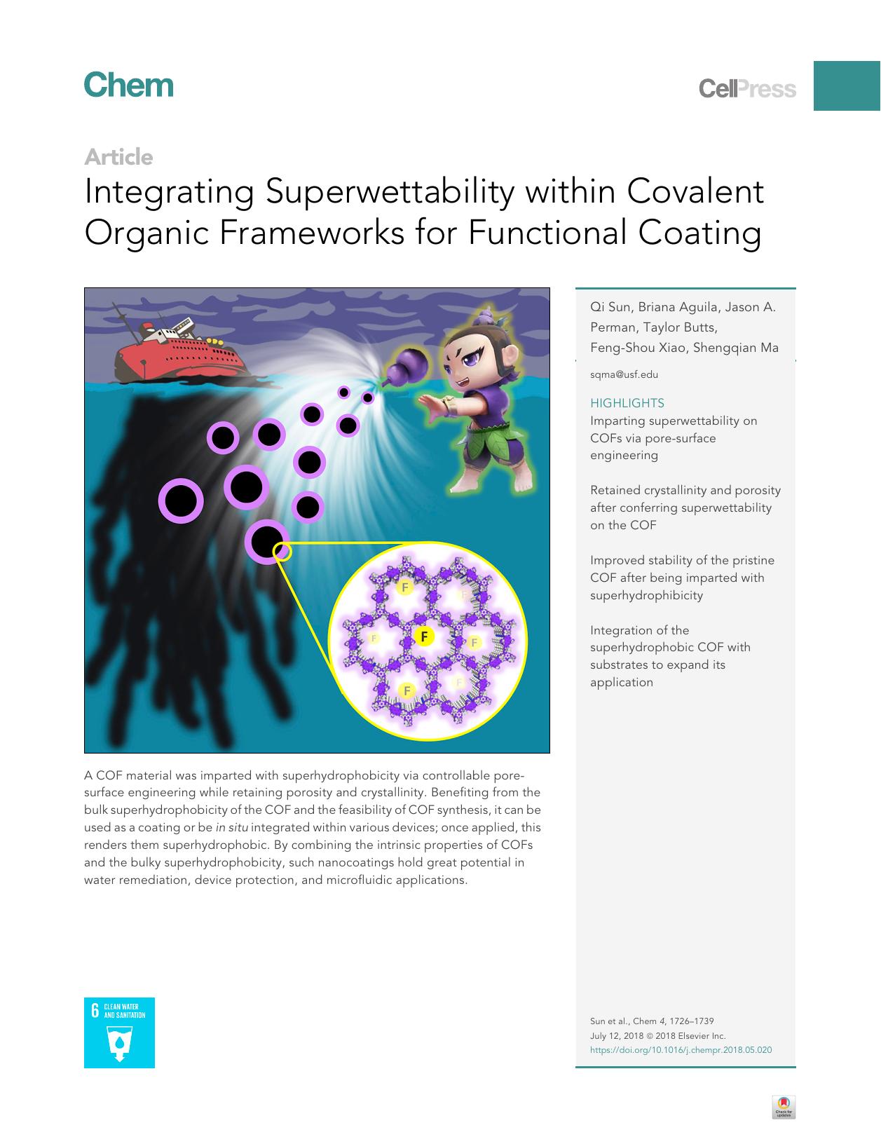 Integrating Superwettability within Covalent Organic Frameworks for Functional Coating by Qi Sun & Briana Aguila & Jason A. Perman & Taylor Butts & Feng-Shou Xiao & Shengqian Ma