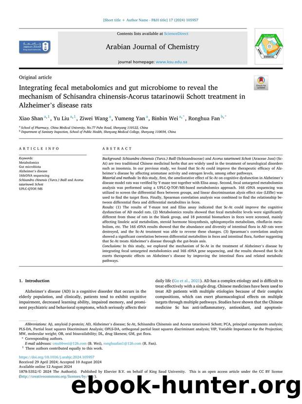 Integrating fecal metabolomics and gut microbiome to reveal the mechanism of Schisandra chinensis-Acorus tatarinowii Schott treatment in Alzheimerâs disease rats by Xiao Shan & Yu Liu & Ziwei Wang & Yumeng Yan & Binbin Wei & Ronghua Fan