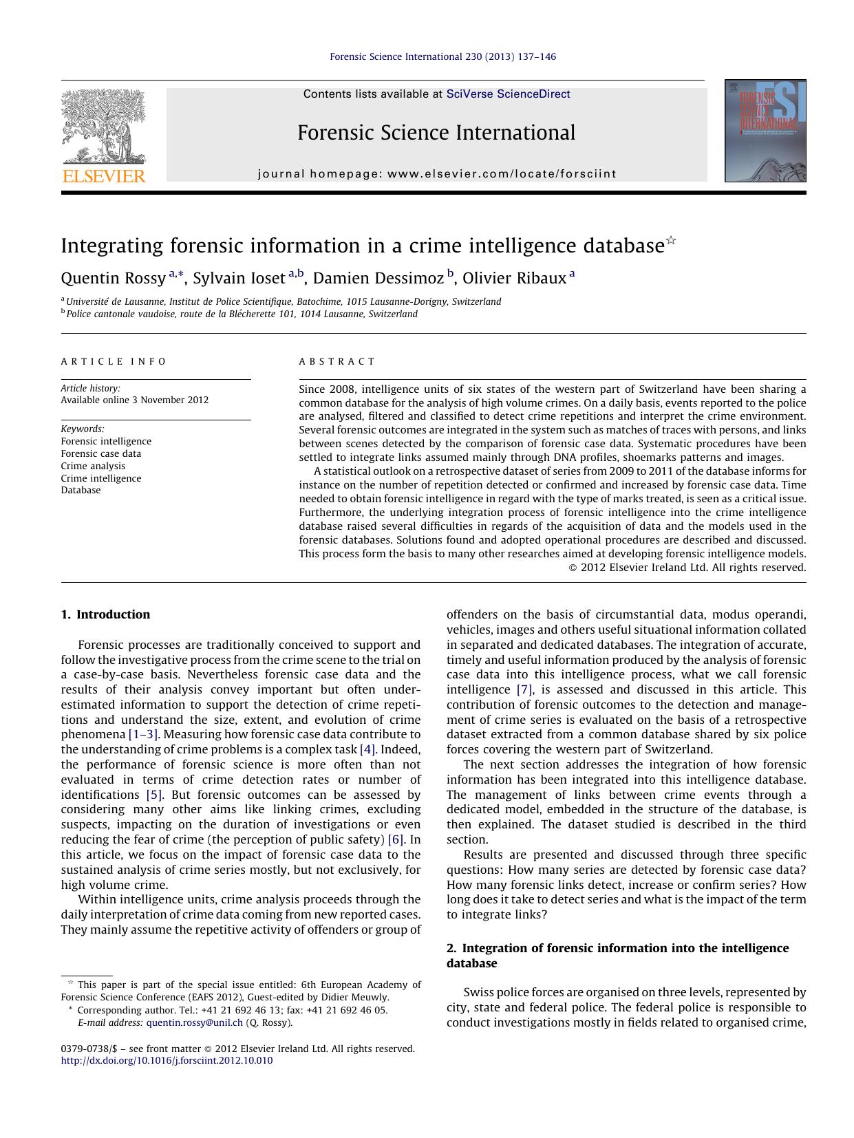 Integrating forensic information in a crime intelligence database by Quentin Rossy & Sylvain Ioset & Damien Dessimoz & Olivier Ribaux