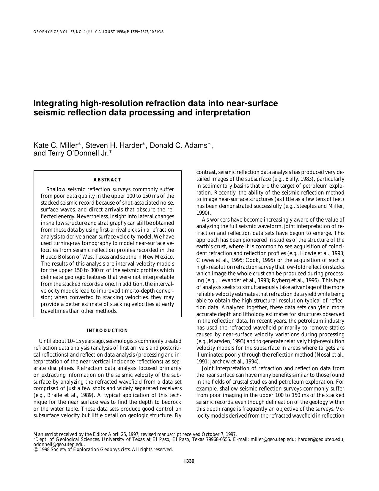 Integrating high-resolution refraction data into near-surface seismic reflection data processing and interpretation by K. C. Miller S. H. Harder D. C. Adams T. Donnell Jr