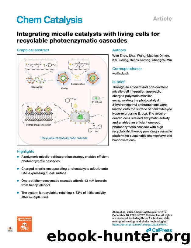 Integrating micelle catalysts with living cells for recyclable photoenzymatic cascades by Wen Zhou & Shan Wang & Mathias Dimde & Kai Ludwig & Henrik Karring & Changzhu Wu